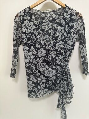 White House Black Market Black & White Floral Wrap Blouse
